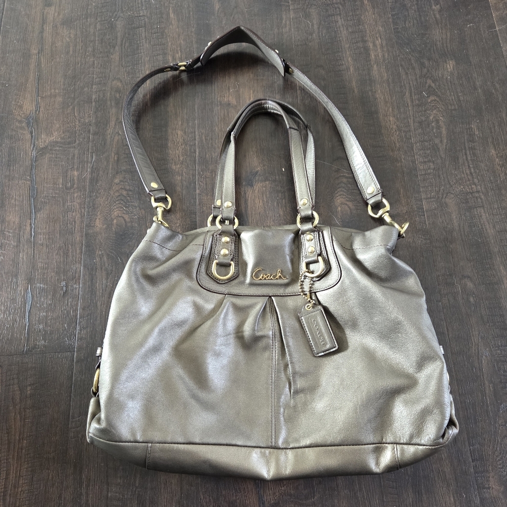Coach Ashley Metallic Pewter Leather Satchel Bag Purse